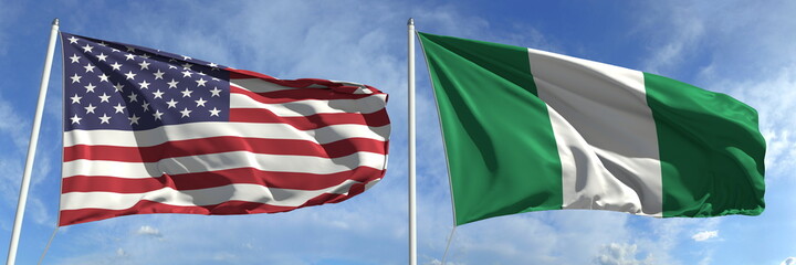 Flags of the USA and Nigeria on flagpoles. 3d rendering