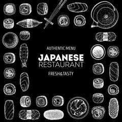 Fototapety  Menu sushi, sushi bar ręcznie rysowane projekt. Japońskie jedzenie. Ręcznie rysowane zbiory zestaw z sushi. Vintage szablon z tradycyjnej kuchni azjatyckiej szkicu.