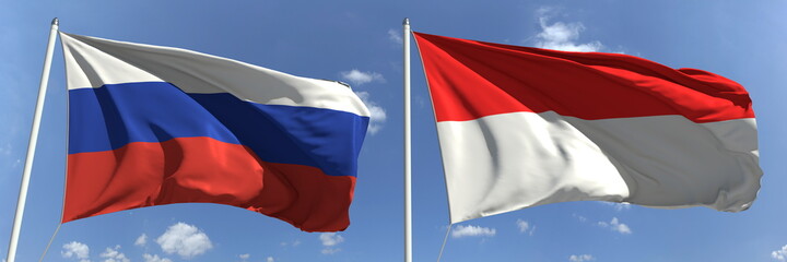Flying flags of Russia and Indonesia on high flagpoles. 3d rendering