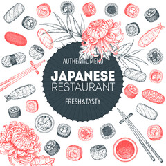 Sushi and rolls vector illustration. Hand drawn sketch. Japanese food menu design. Vintage vector elements for japanese cuisine menu. Retro style design. Food and drink collection. Sushi sketch. © DiViArts