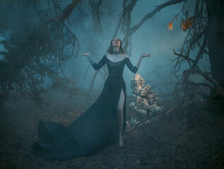 Blurred silhouette of mystical pagan woman in the fog. The witch casts a spell, prays in the forest...
