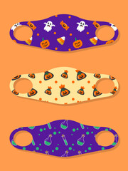 Set of designs face masks with halloween seamless pattern with candy, ghost and pumpkin