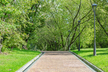 A path for pedestrians to walk in a modern green city park in the summer daytime