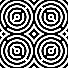 Black stylized circles on white background. Seamless circular surface pattern design. Symmetric geometric repeating rounds abstract. Rings wallpaper. Digital paper. Interior decorative board. Vector