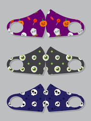 Set of designs reusable mouth kids funny masks with halloween seamless pattern with candy, skull, pumpkin and creepy eyes