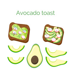Set avocado toast. Sandwich with bread, avocado, radish, dill and sesame seeds, isolated on white background. Organic healthy food. Vector cartoon illustration.