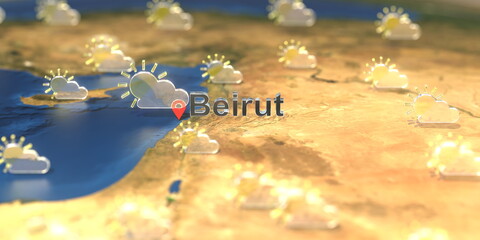 Partly cloudy weather icons near Beirut city on the map, weather forecast related 3D rendering