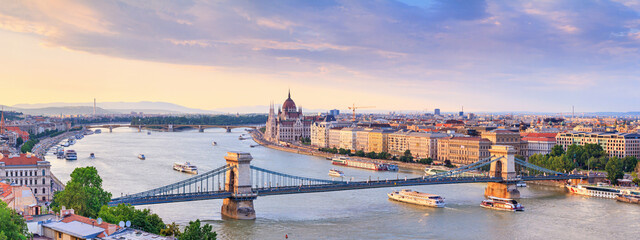 City summer landscape, panorama, banner - top view of the historical center of Budapest with the Danube river, in Hungary
