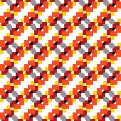 Vector seamless pattern texture background with geometric shapes, colored in red, orange, yellow, grey, black, white colors.