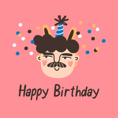 Birthday boy character with with Happy Birthday phrase party celebration concept. Vector clipart design
