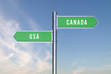 Sign indicating the direction of the borders between two countries Usa,Canada, 3d render.
