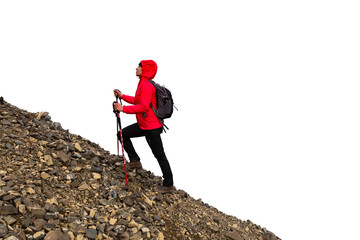 Adventurous Girl with Bright Red Jacket Hiking up a Steep Rocky Hill on the Mountain. Isolated on White. Perfect for Composites.