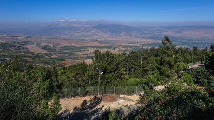 Fototapeta premium Kibbutz Misgav-Am observation point, located on a hill overlooking Southern Lebanon, Northern Israel and the town of Metula, the Golan Heights anf Mount Hermon, Upper Galilee, Israel.