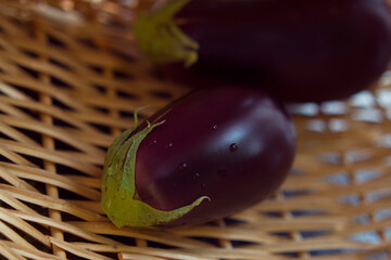 fresh eggplants with drops of water in the natural basket 