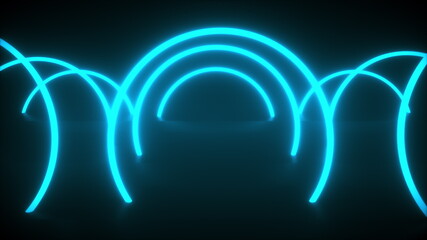 3d render, abstract neon backdrop from circular arcade. Computer generated a virtual space with glowing rings.
