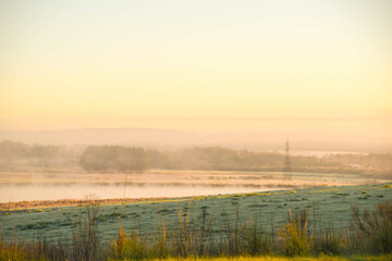 Fototapeta na wymiar Dawn with frost formation in the fields of the Pampa biome in southern Brazil