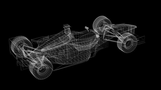 3d wireframe of race car on an alpha channel background.