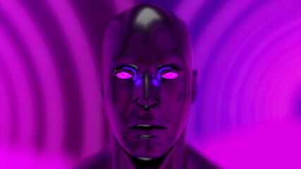 Futuristic human head with iridescent glare in front of geometric neon, 3d rendering. Computer generated virtual background.