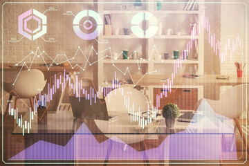Double exposure of financial graph drawing and office interior background. Concept of stock market.