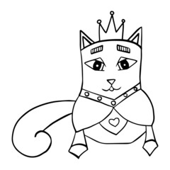 Hand drawn royal cat with big eyes and crown on her head - cartoon illustration for printing, baby clothes, t-shirts, baby, greeting card, wall art. Vector character