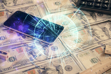 Multi exposure of business theme drawing over us dollars bill background. Concept of financial success.