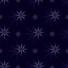 Christmas snowflakes seamless pattern. Geometric white and purple stars on dark blue background. Vector illustration for new year design, winter holidays and celebration backdrop, gift wrapper print.