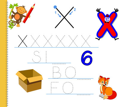 Learn to trace letter X. Study English words. Worksheet for children. Education game with ABC for kindergarten. Developing kids skills for writing and reading. Vector cartoon illustration.
