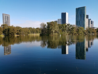 Beautiful view of a lake with reflections of luxury high-rise building, blue sky, clouds, and trees on water, lake Pavillion,  Sydney Olympic park, Sydney, New South Wales, Australia
