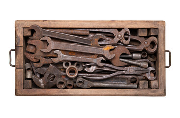 Collection of rusty vintage tools such as wrenches, spanners, pincers and other in a wooden box...