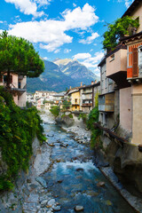 Fototapeta na wymiar Chiavenna, Sondrio, Lombardia, Italy September 16, 2019. Mera river in Chiavenna, a small town on lake Como, Italy