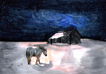 Horse on the background of a beautiful winter landscape. Watercolor painting © Олеся Мирошкина