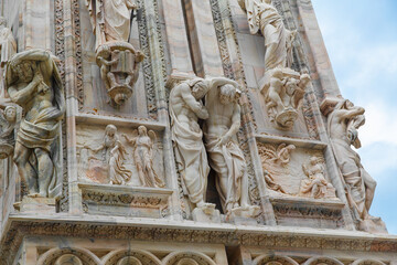 Milan, Italy September 19, 2019. Details of the facade Milan Cathedral Duomo di Milano (Cattedrale di Santa Maria Nascente) on Square Piazza Duomo.