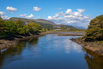 View of Snowdonia from Porthmadog in North Wales, UK
