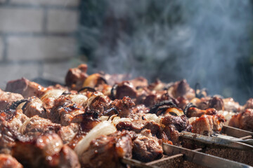 Pork shish kebab roasting on the grill. BBQ party. Close-up.