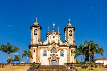 Fototapeta na wymiar Front view of historic 18th century church in colonial architecture in the city of Ouro Preto in Minas Gerais, Brazil