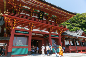 red ancient building of shrine of kamakura in kangawa prefecture, japan