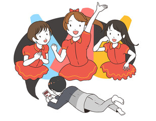 スマホゲームで遊ぶ男性　後ろ姿　アイドル系