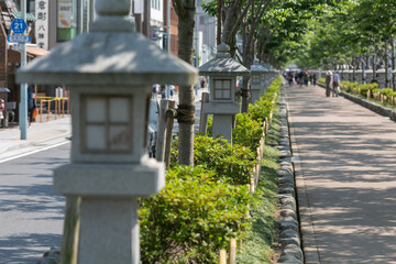 old stone lanterns lined up on side of the long street to shrine of kamakura in kanagwa prefecture,...