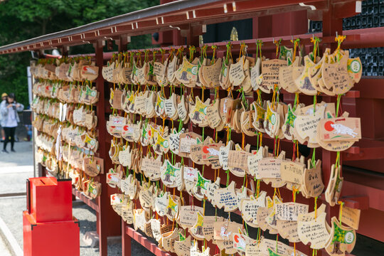 many hanged ema in shrine of kamakura on which people write their wishes