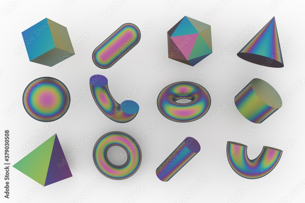 Aufkleber Set of 3d render realistic primitives on white background. Isolated graphic element: sphere, torus, cube, icosahedron and other geometric shapes in holographic rainbow colors.