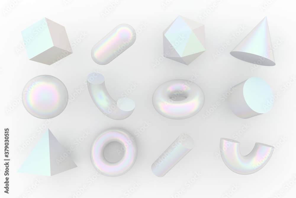 Poster Set of 3d render realistic primitives on white background. Isolated graphic elements: sphere, torus, cube, icosahedron and other geometric shapes.
