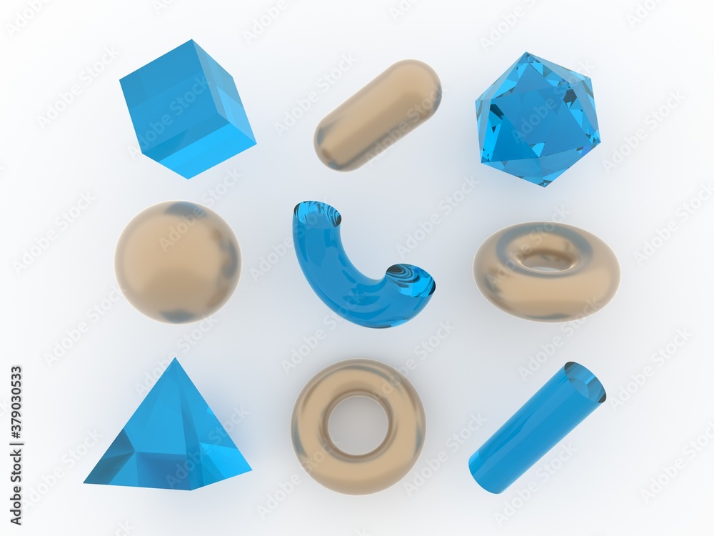 Poster Set of 3d render realistic primitives on white background. Isolated graphic elements: sphere, torus, cube, icosahedron and other geometric shapes for trendy designs.