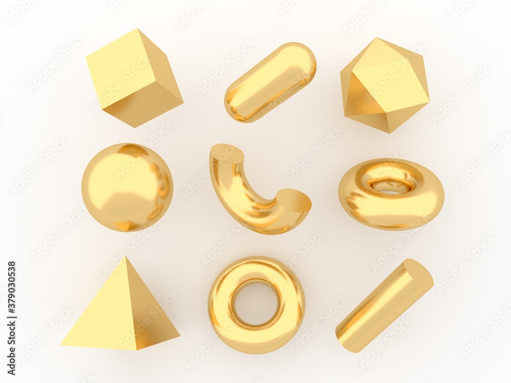 Poster Set of 3d render realistic primitives on white background. Isolated graphic elements: sphere, torus, cube, icosahedron and other geometric shapes for trendy designs.