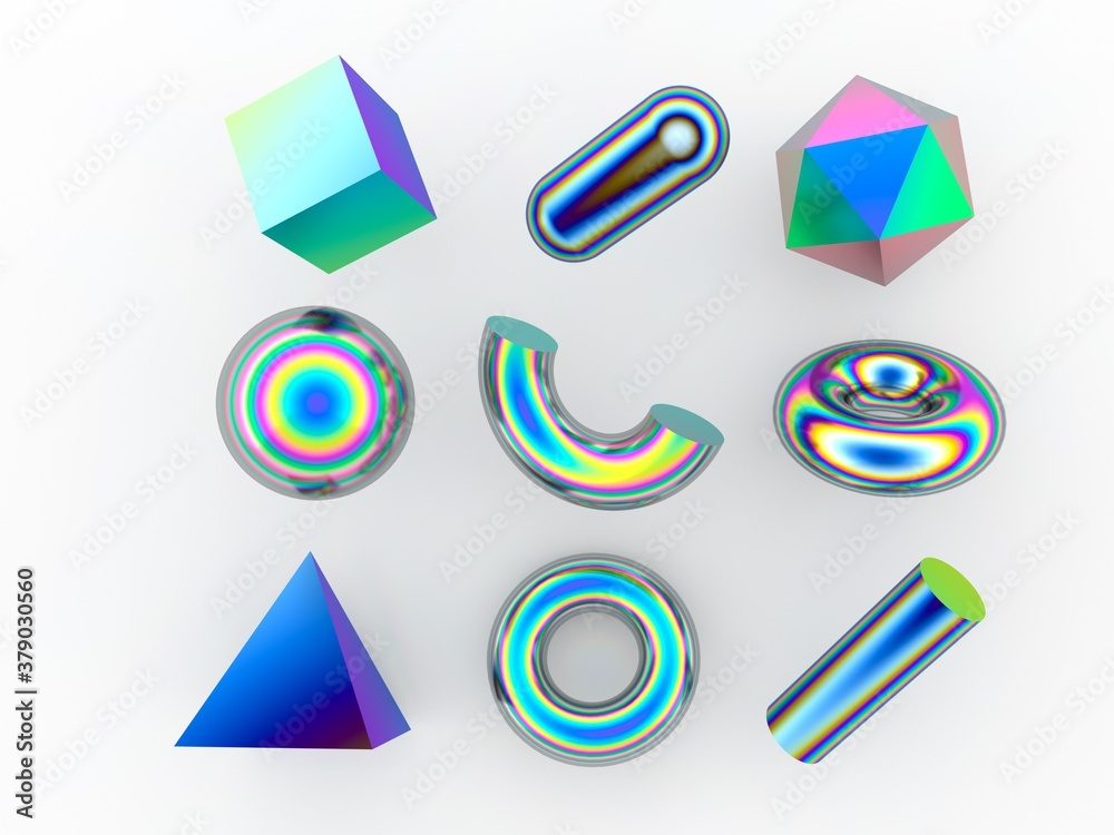 Poster Set of 3d render realistic primitives on white background. Isolated graphic element: sphere, torus, cube, icosahedron and other geometric shapes in holographic rainbow colors.