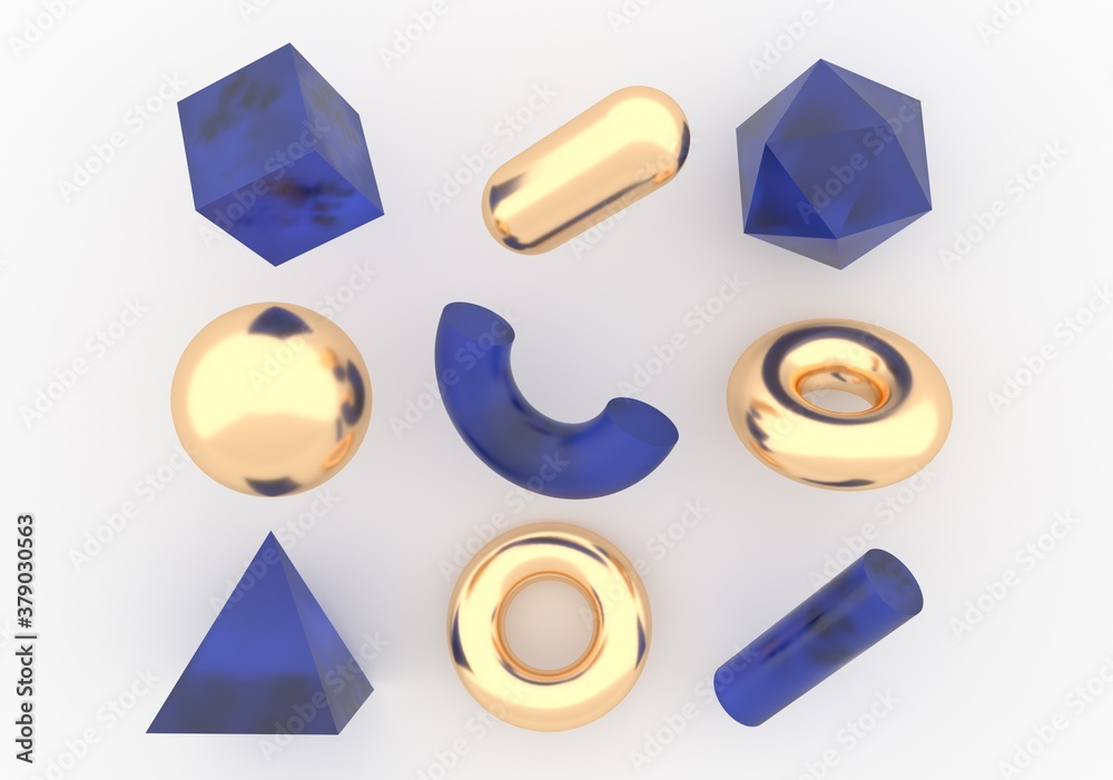 Poster Set of 3d render realistic primitives on white background. Isolated graphic elements: sphere, torus, cube, icosahedron and other geometric shapes for trendy designs.