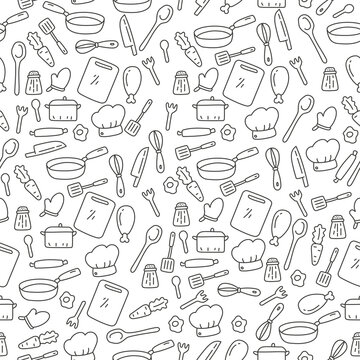 Kitchen and cooking related doodle seamless pattern with black and white color suitable for background. Kitchen doodle elements 