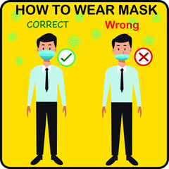 Two men showing how to wearing protective mask correctly.How to wear a face mask correct and wrong.