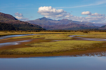 View of Snowdonia from Traeth Glaslyn Nature Reserve in Wales, UK