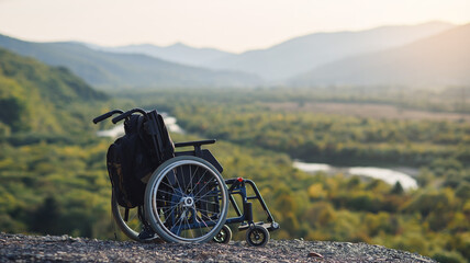 Empty wheelchair on the mountains at sunset. Concept of travel of people with disabilities.