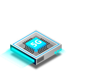 5G network processor illustration. Mobile wireless internet of next generation. Isometric futuristic micro chip. micro chip illustration. PC mainboard illustration background. 3D isometric hardware.